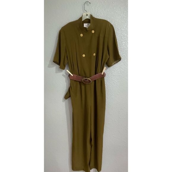 Vintage 70’s jumpsuit Army green gold buttons belt Sz 14 Imported fabric linen/ - Picture 1 of 8